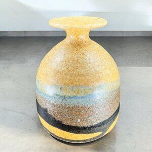 Hand Made Studio Art Pottery Stoneware Vase Vessel Brown Multicolor Lines Signed